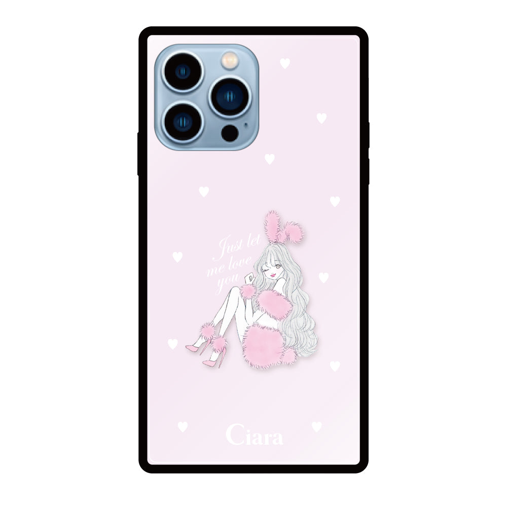 iPhone13ProMaxケース スクエア 強化ガラスケース ピンクバニー ピンク
