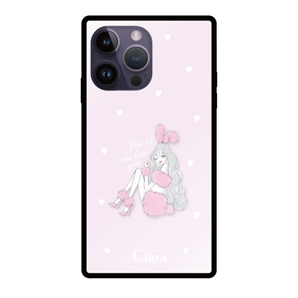 iPhone14ProMaxケース スクエア 強化ガラスケース ピンクバニー ピンク