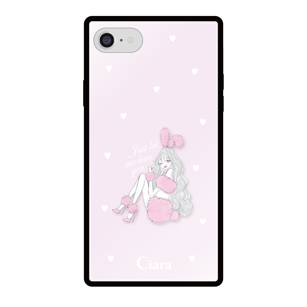 iPhone7/8/SE2/SE3ケース スクエア 強化ガラスケース ピンクバニー ピンク