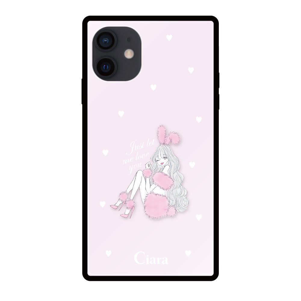 iPhoneXRケース スクエア 強化ガラスケース ピンクバニー ピンク