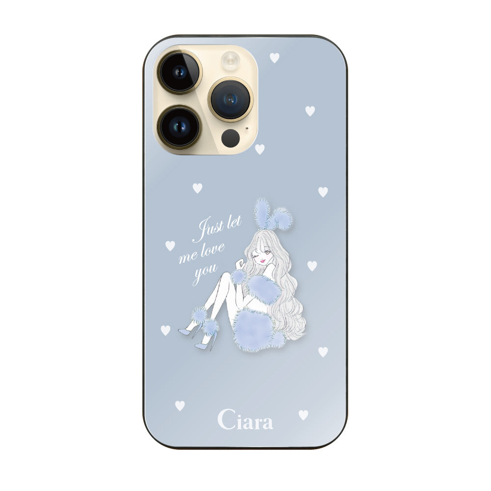 iPhone14Proケース ガラス 強化ガラスケース ブルーバニー ブルー
