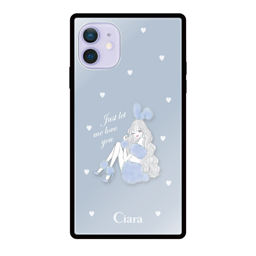 iPhone12/12Proケース スクエア 強化ガラスケース ブルーバニー ブルー