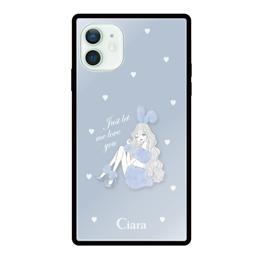 iPhone12miniケース スクエア 強化ガラスケース ブルーバニー ブルー