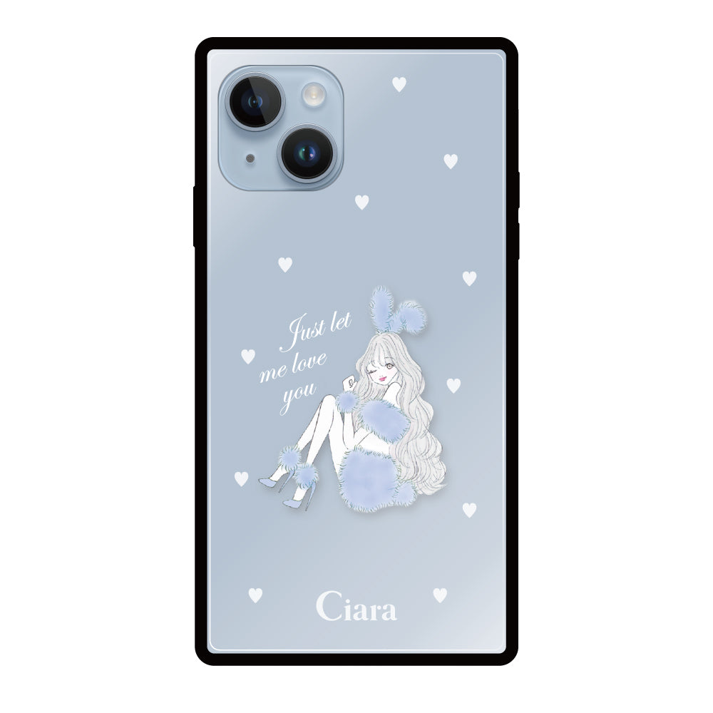 iPhone14Plusケース スクエア 強化ガラスケース ブルーバニー ブルー