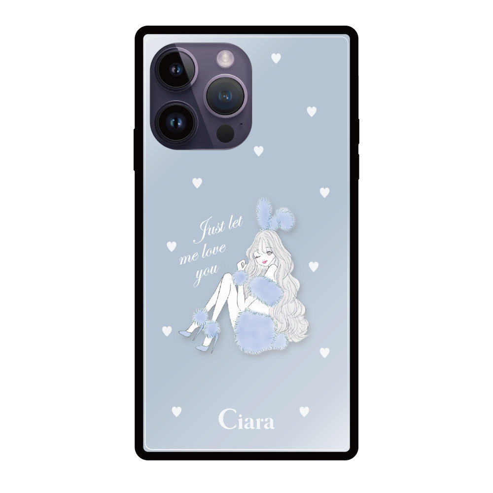iPhone14ProMaxケース スクエア 強化ガラスケース ブルーバニー ブルー