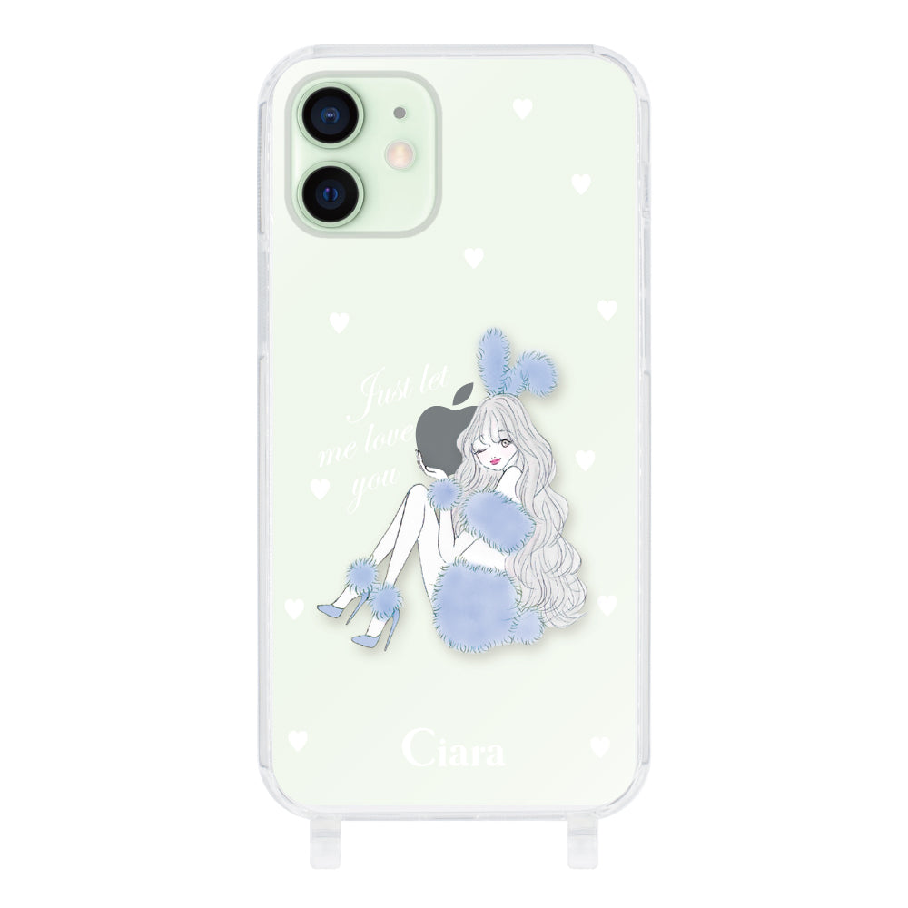 iPhone12mini ストラップクリアケース ブルーバニー クリア