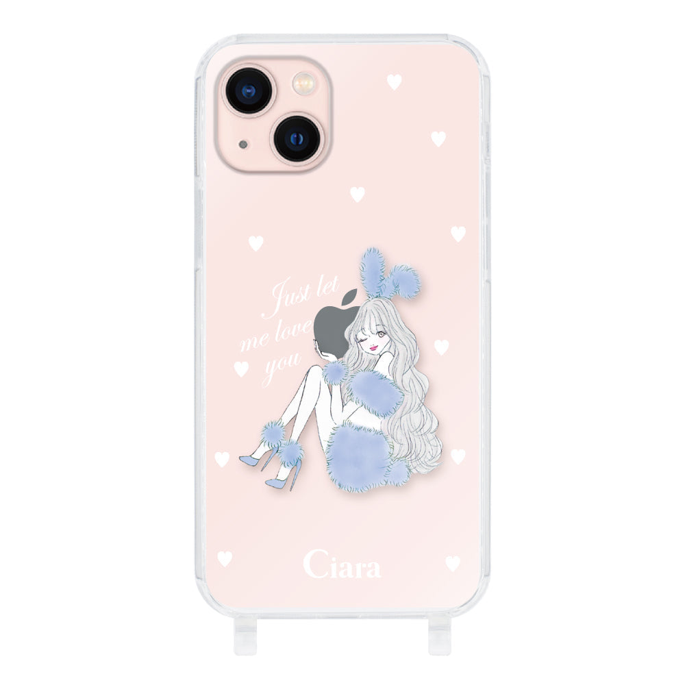 iPhone13 ストラップクリアケース ブルーバニー クリア