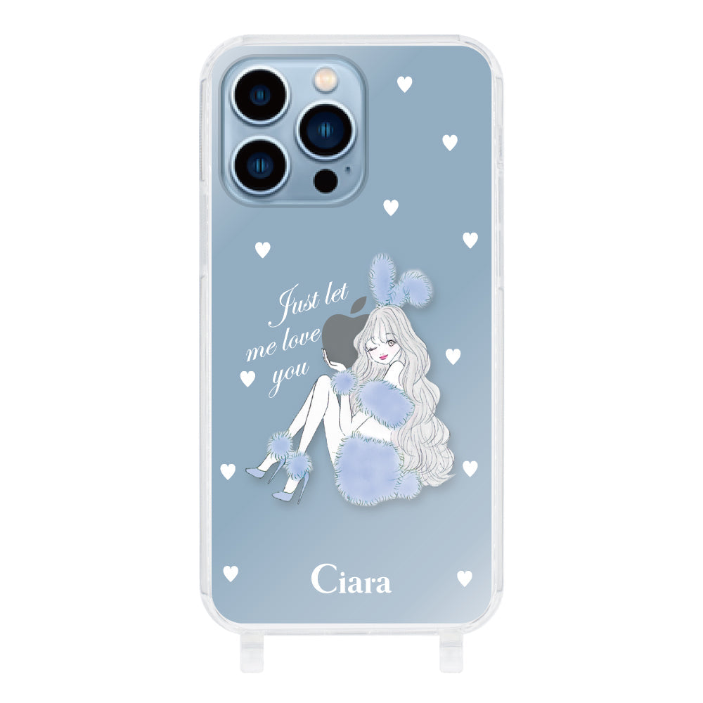 iPhone13ProMax ストラップクリアケース ブルーバニー クリア