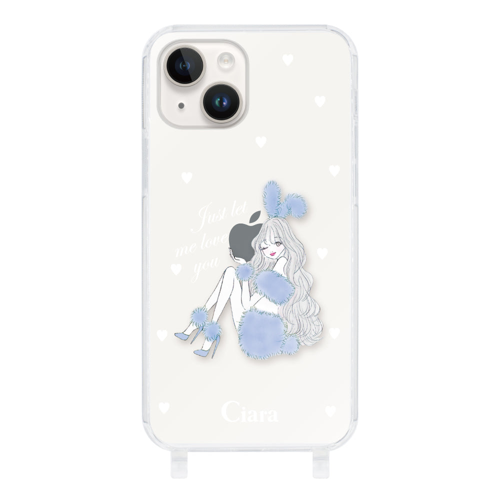 iPhone14 ストラップクリアケース ブルーバニー クリア