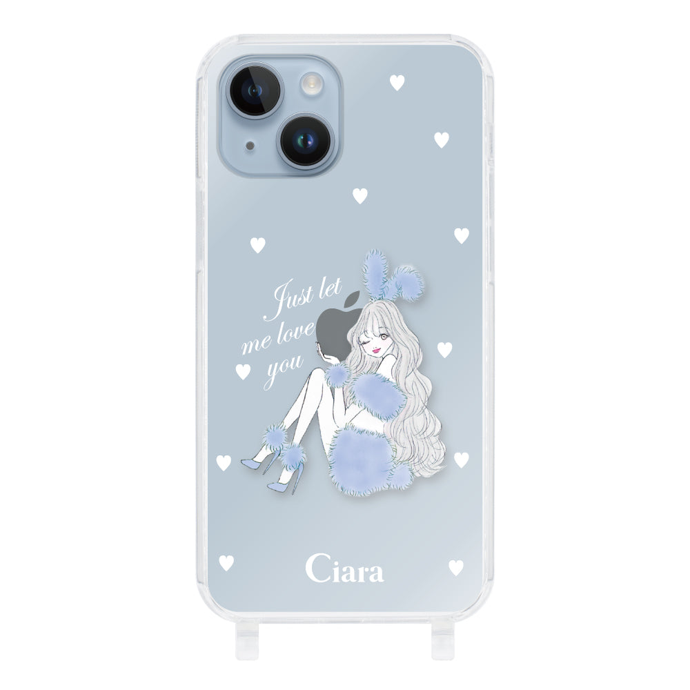 iPhone14Plus ストラップクリアケース ブルーバニー クリア