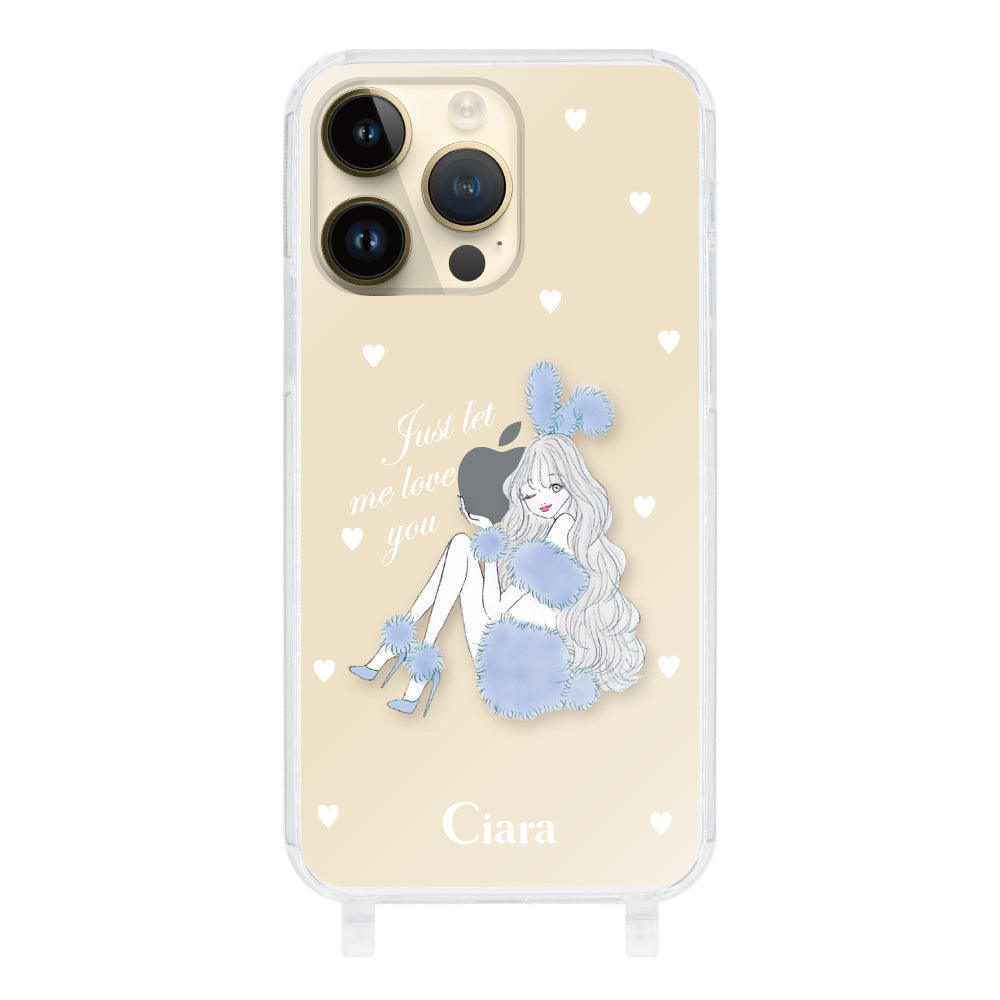 iPhone14Pro ストラップクリアケース ブルーバニー クリア