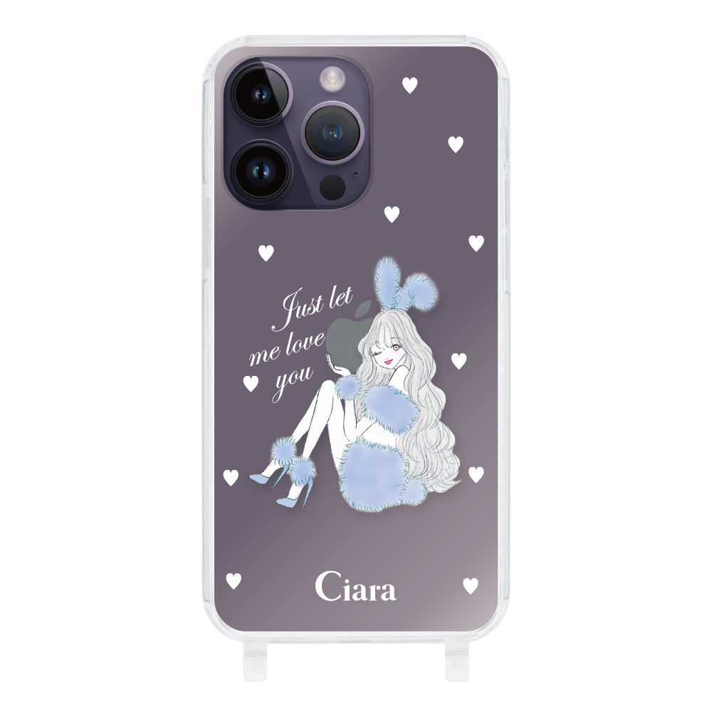 iPhone14ProMax ストラップクリアケース ブルーバニー クリア