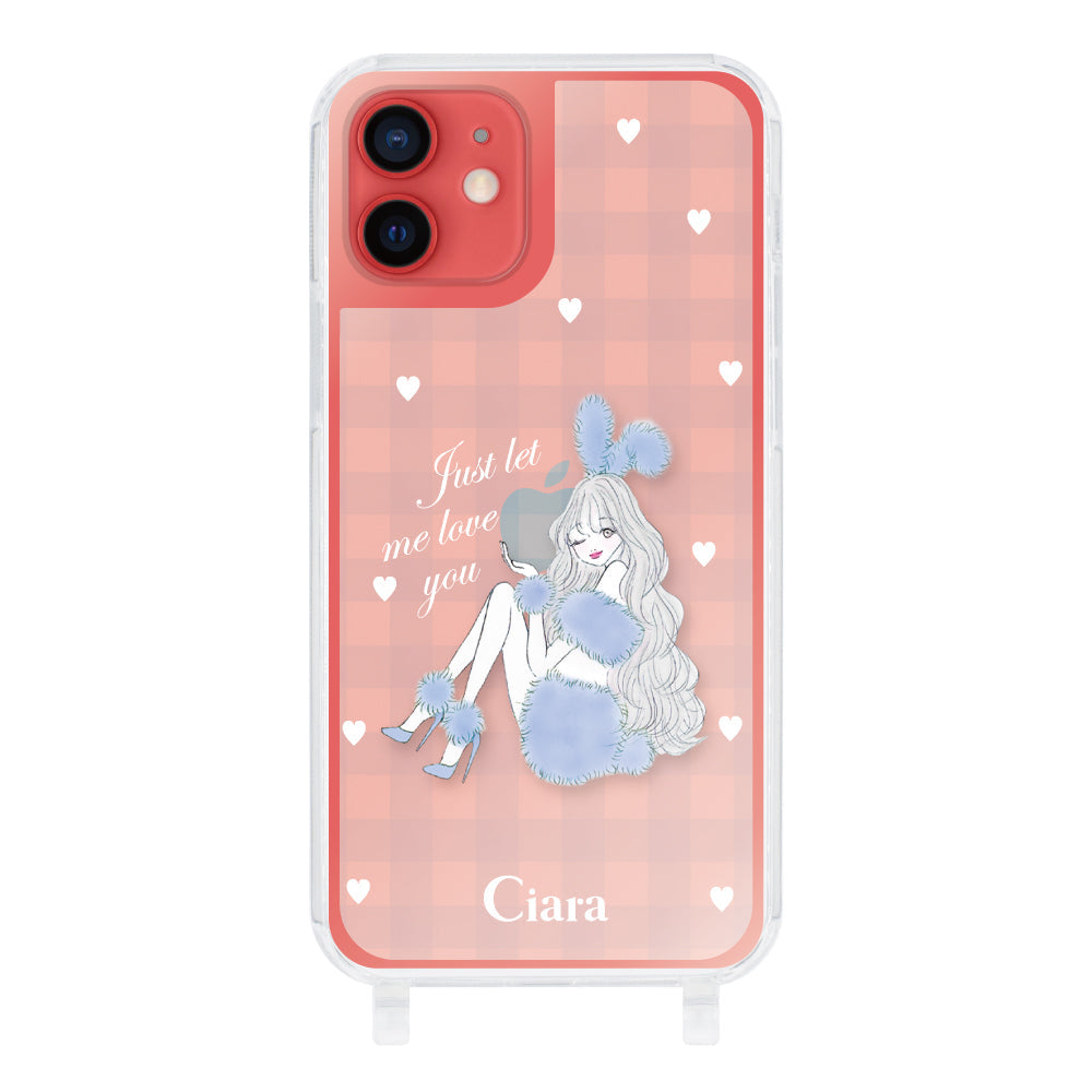 iPhone11 ストラップクリアケース ブルーバニー ブルーチェック