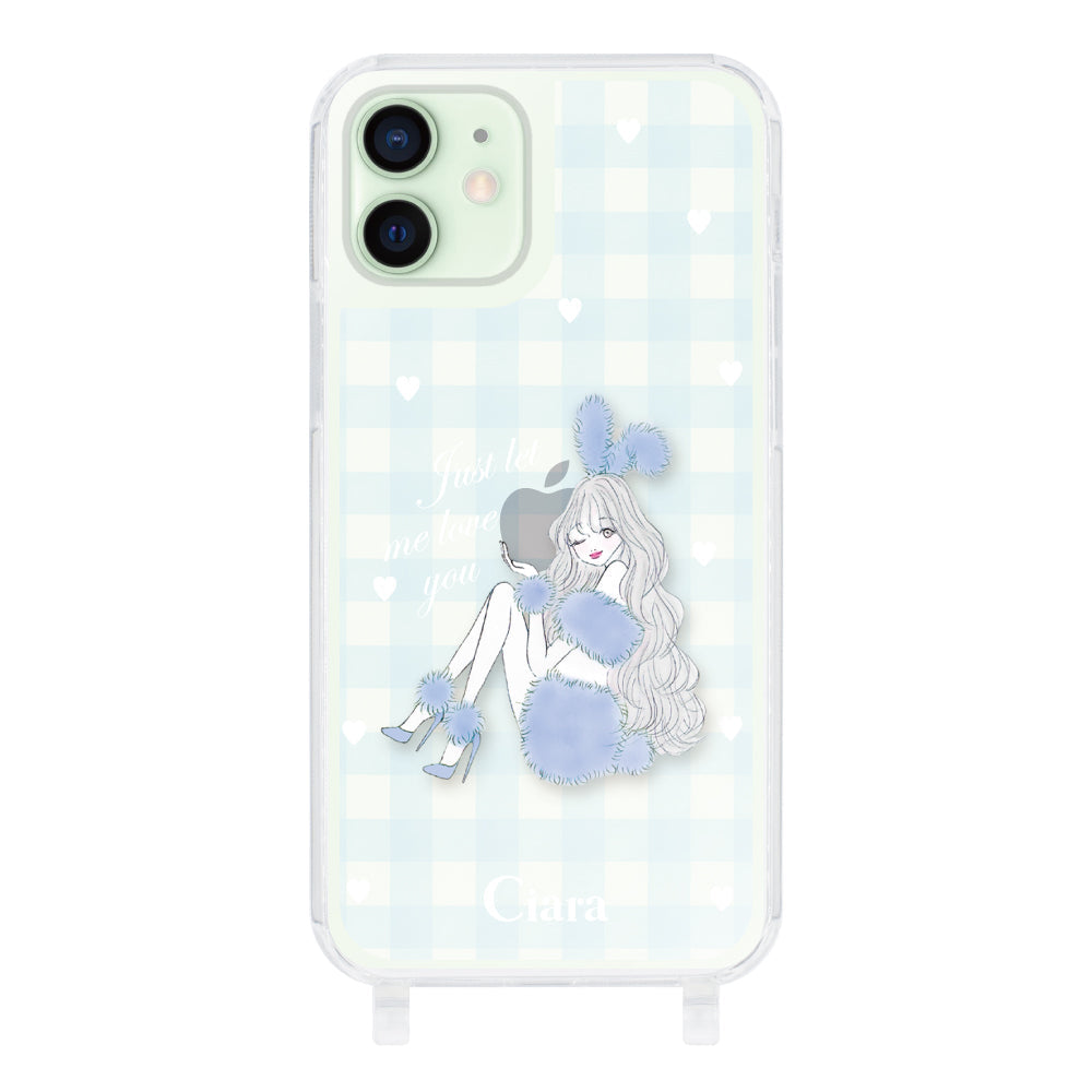 iPhone12mini ストラップクリアケース ブルーバニー ブルーチェック