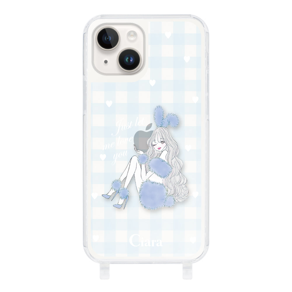 iPhone14 ストラップクリアケース ブルーバニー ブルーチェック