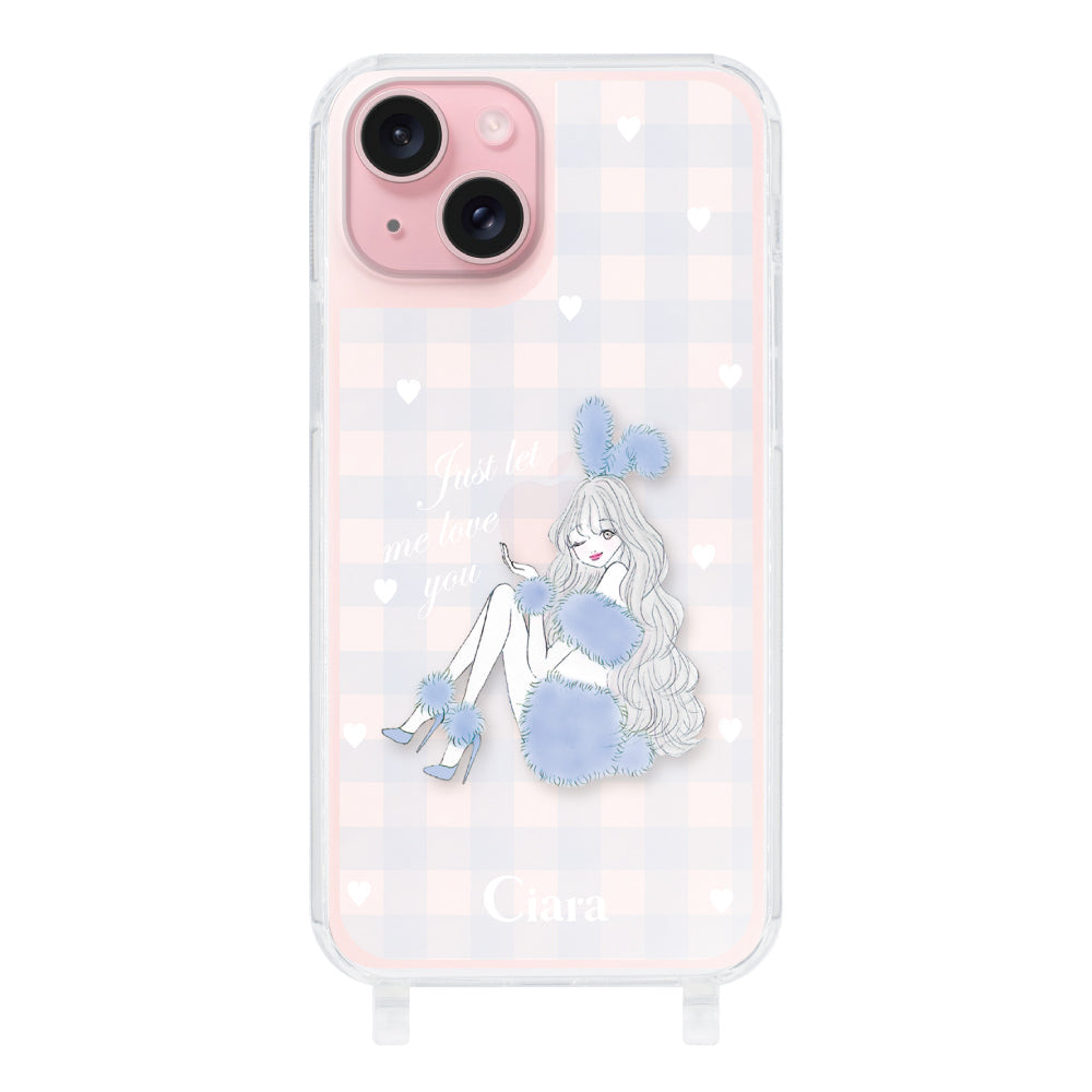 iPhone15 ストラップクリアケース ブルーバニー ブルーチェック