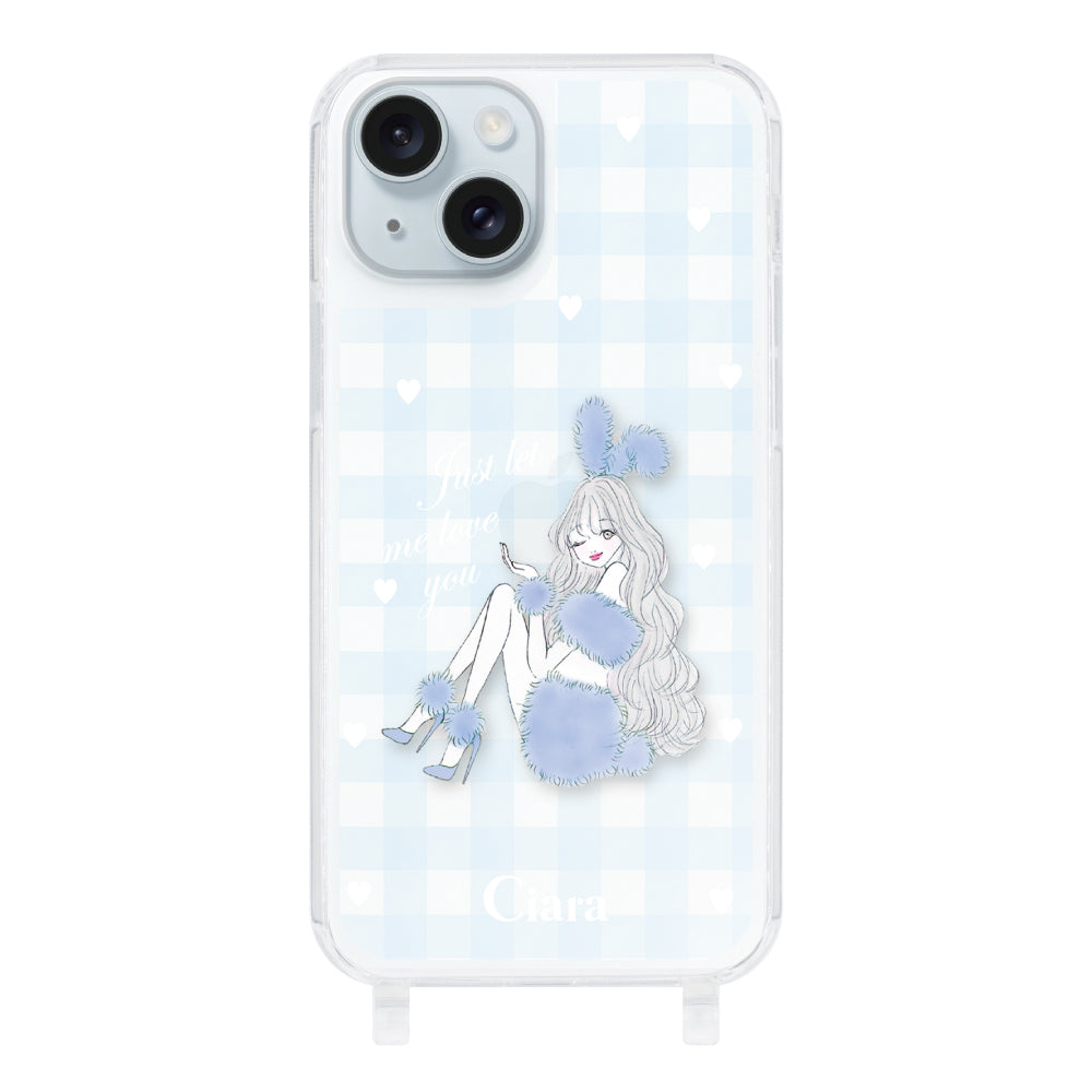 iPhone15Plus ストラップクリアケース ブルーバニー ブルーチェック