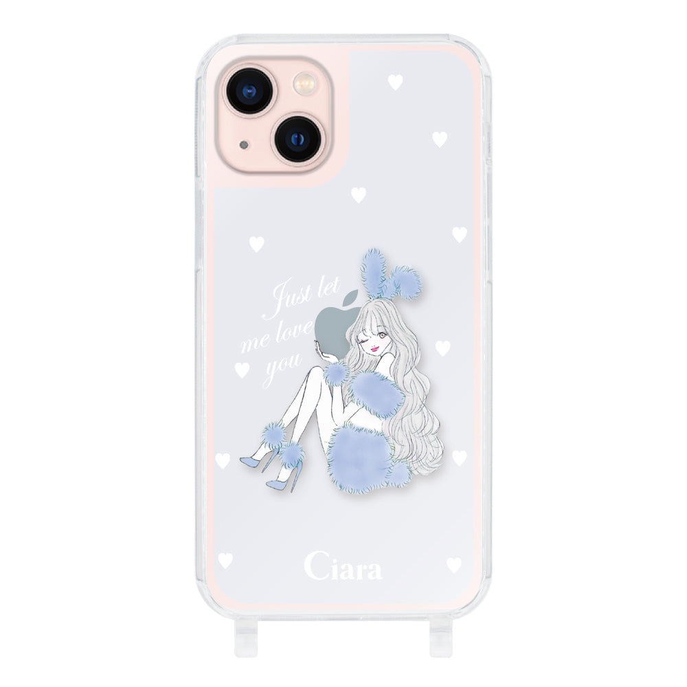 iPhone13 ストラップクリアケース ブルーバニー ブルー