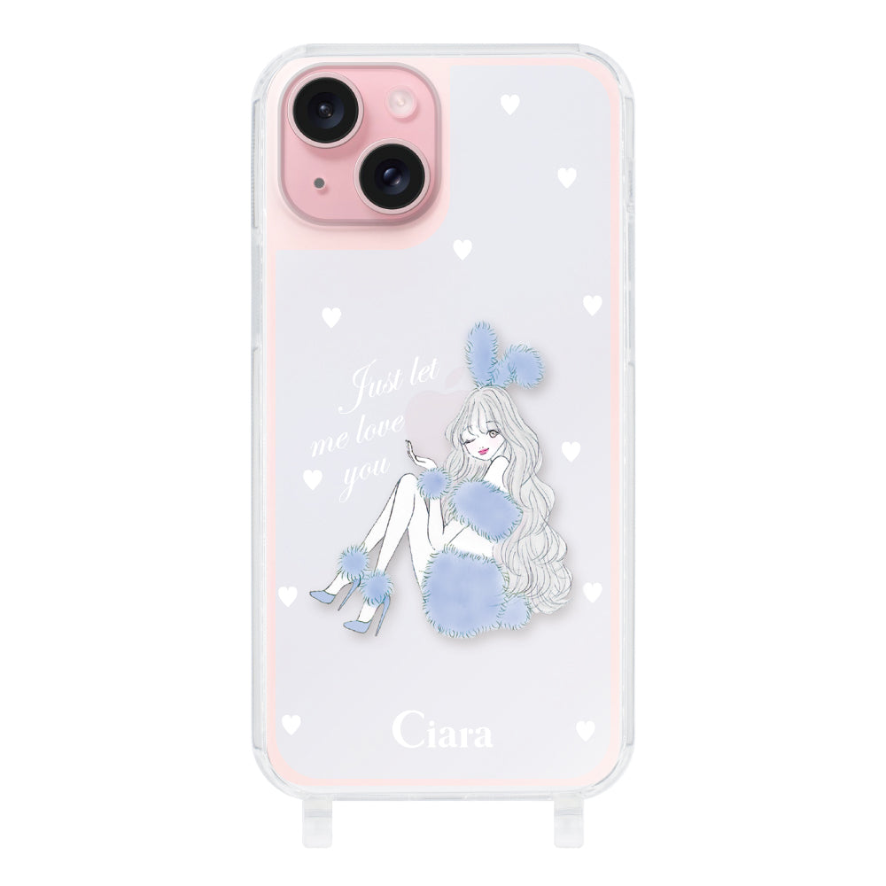 iPhone15 ストラップクリアケース ブルーバニー ブルー