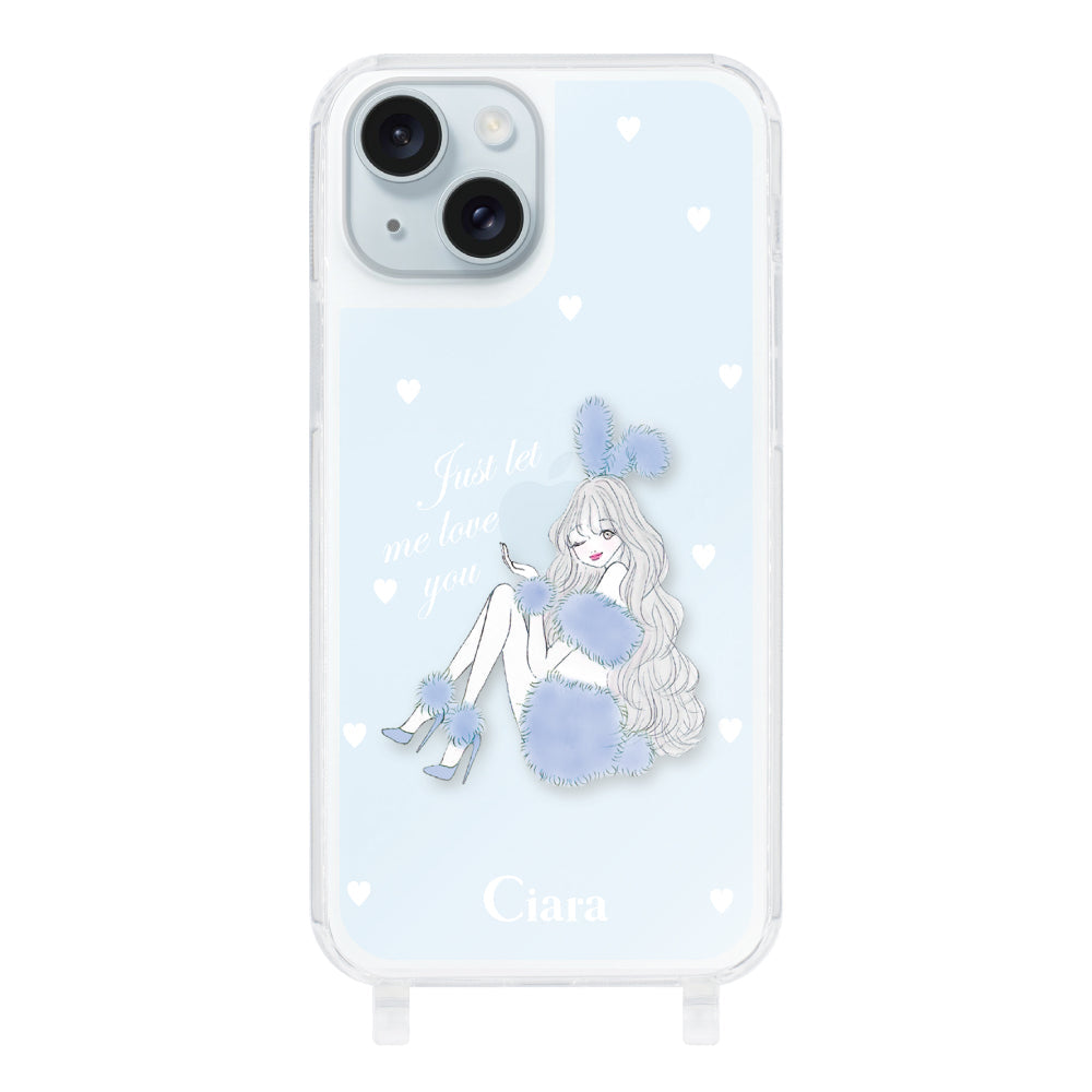 iPhone15Plus ストラップクリアケース ブルーバニー ブルー