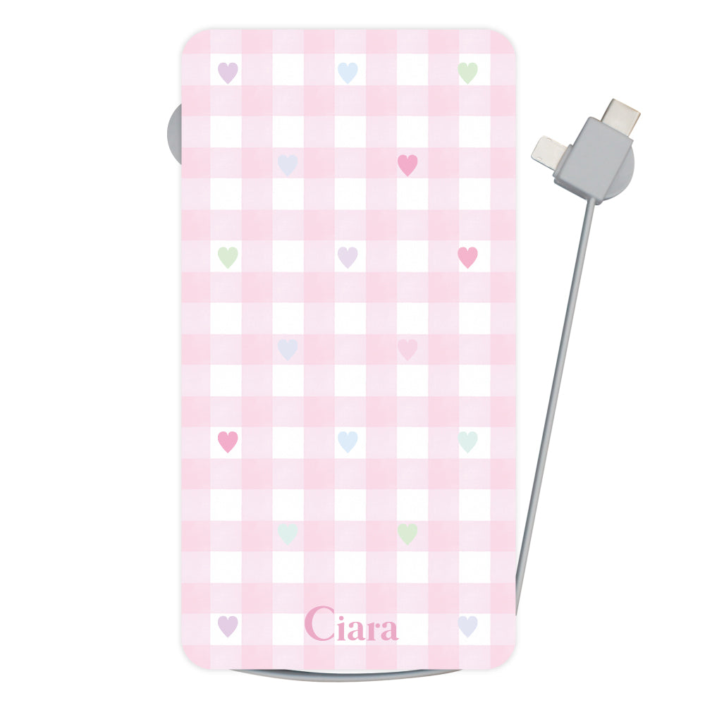モバイルバッテリー モバイルバッテリー パステルハート ピンクチェック