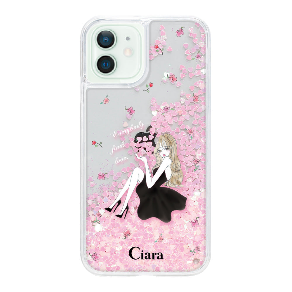 iPhone12mini グリッター オイルクリアケース ラベンダーブラックガール ピンク