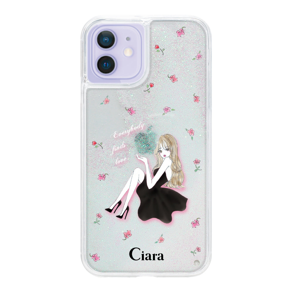 iPhone12/12Pro グリッター オイルクリアケース ラベンダーブラックガール ホワイト