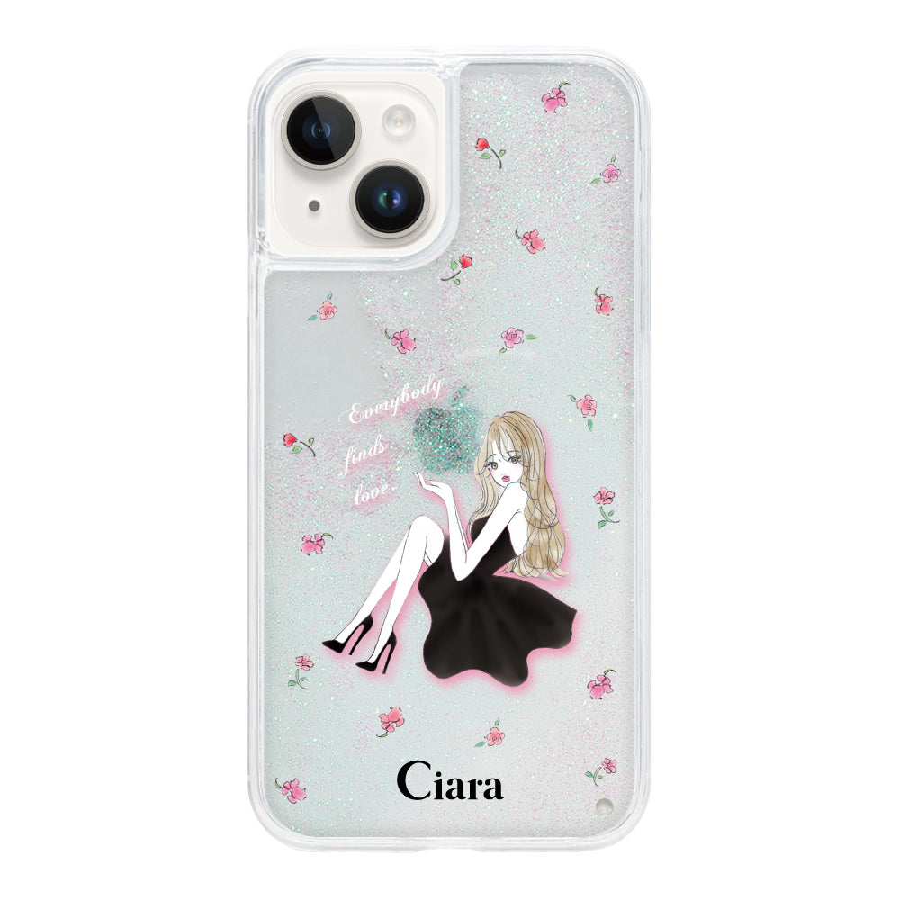 iPhone14 グリッター オイルクリアケース ラベンダーブラックガール ホワイト