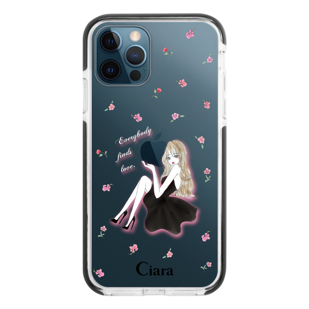iPhone12ProMaxケース クッションバンパー 耐衝撃クリアケース ラベンダーブラックガール クリア