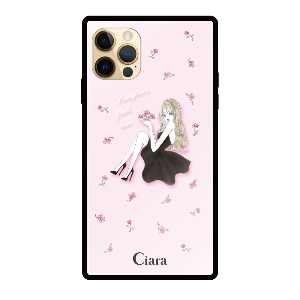 iPhone11Proケース スクエア 強化ガラスケース ラベンダーブラックガール ピンク