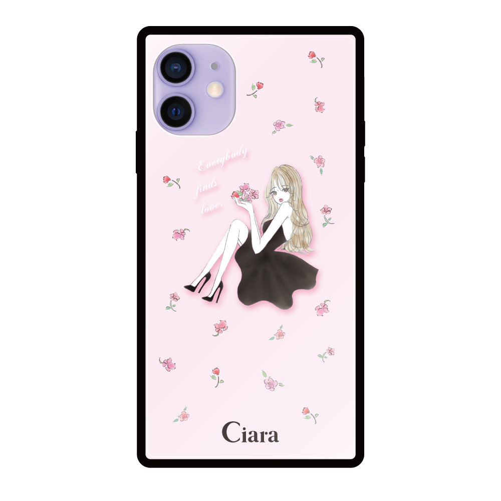 iPhone12/12Proケース スクエア 強化ガラスケース ラベンダーブラックガール ピンク