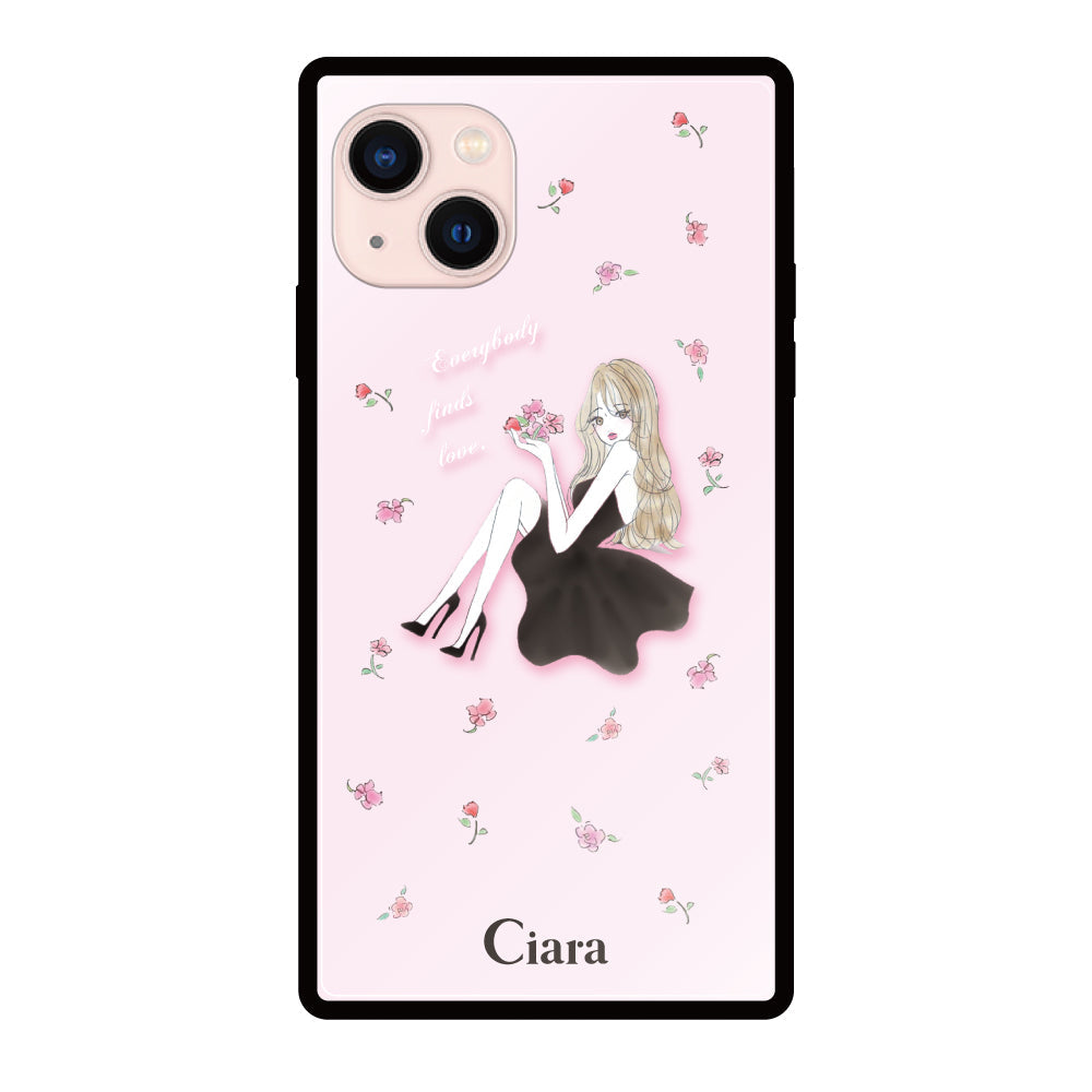 iPhone13ケース スクエア 強化ガラスケース ラベンダーブラックガール ピンク