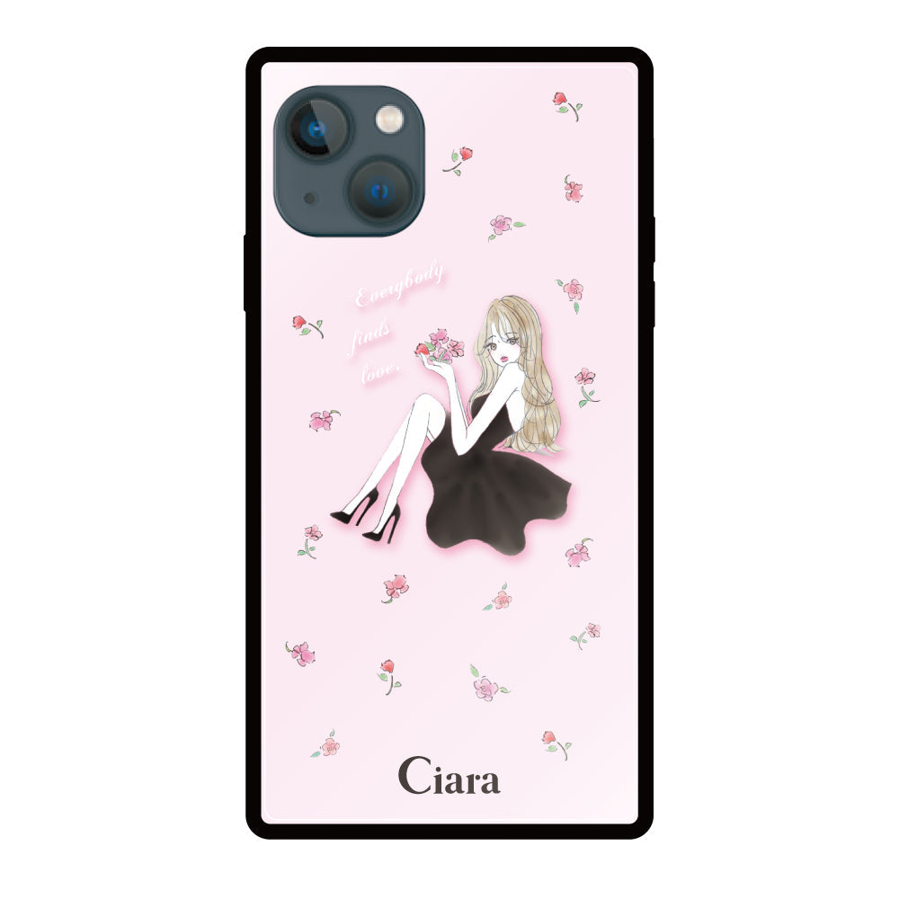 iPhone13miniケース スクエア 強化ガラスケース ラベンダーブラックガール ピンク