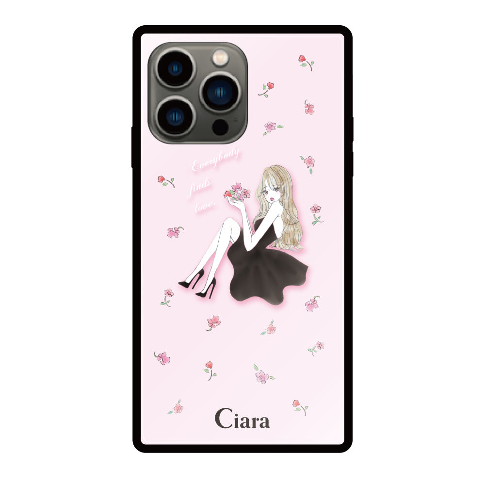 iPhone13Proケース スクエア 強化ガラスケース ラベンダーブラックガール ピンク