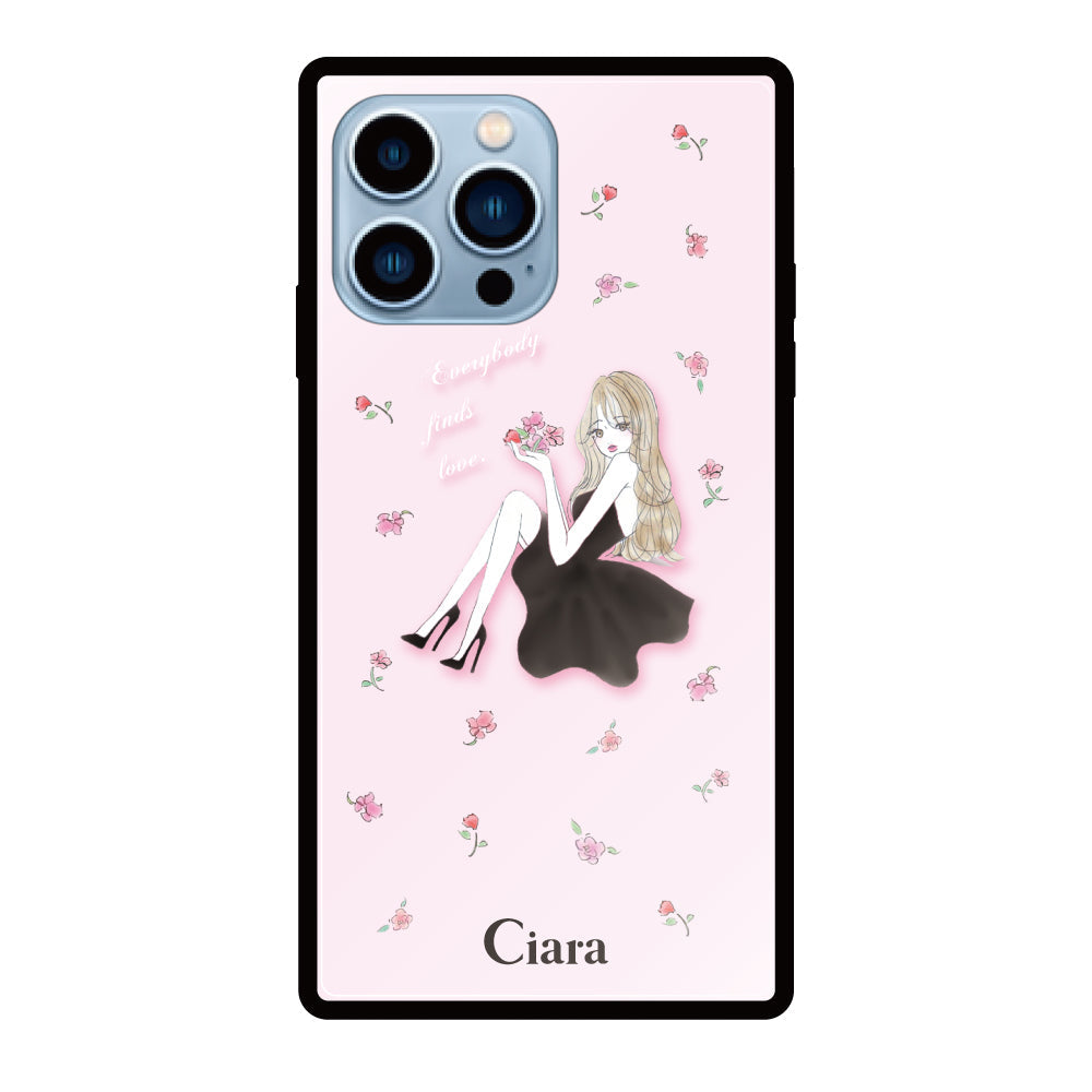 iPhone13ProMaxケース スクエア 強化ガラスケース ラベンダーブラックガール ピンク