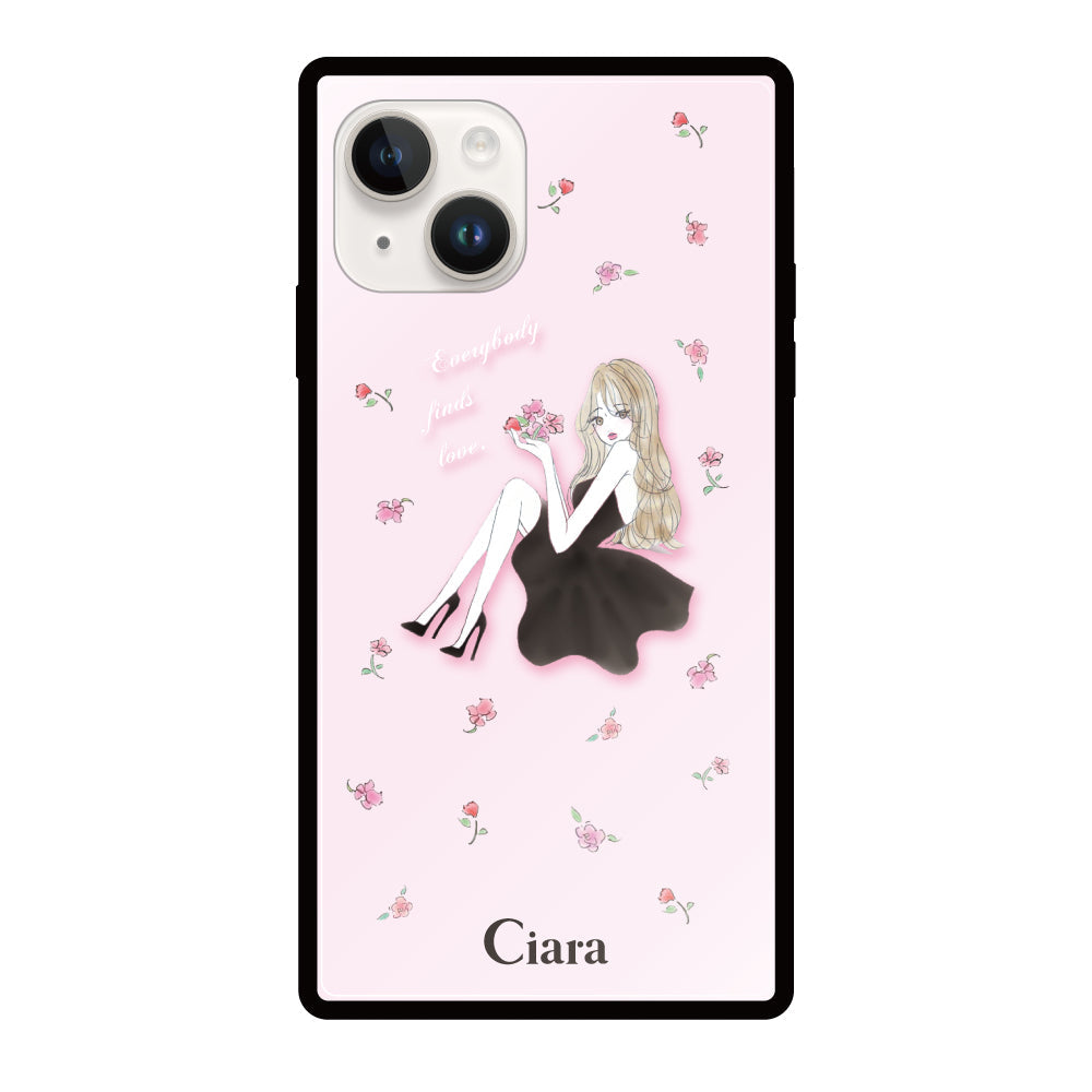 iPhone14ケース スクエア 強化ガラスケース ラベンダーブラックガール ピンク