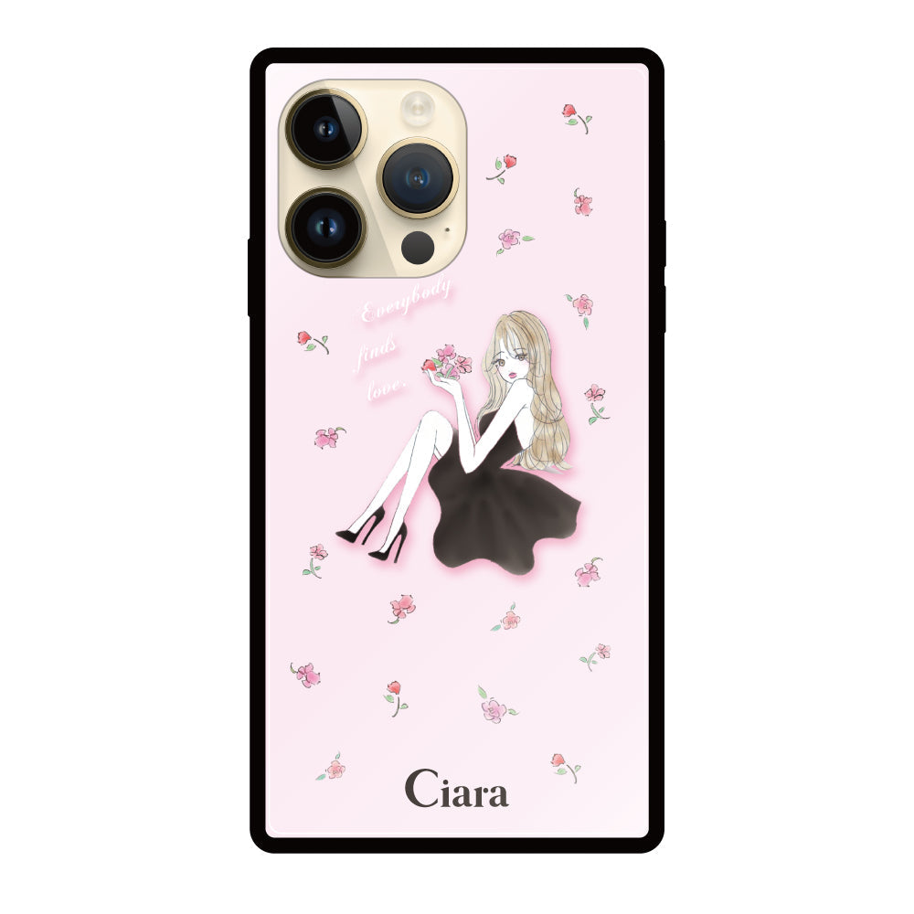 iPhone14Proケース スクエア 強化ガラスケース ラベンダーブラックガール ピンク