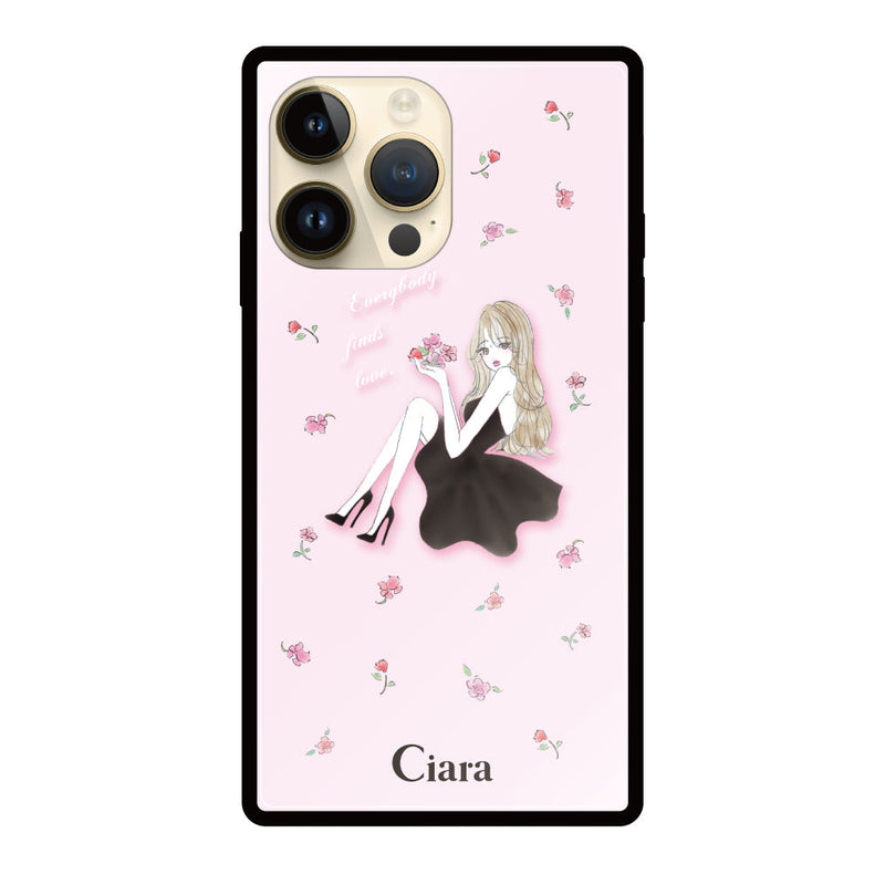 iPhoneケース スクエア 強化ガラスケース ラベンダーブラックガール
