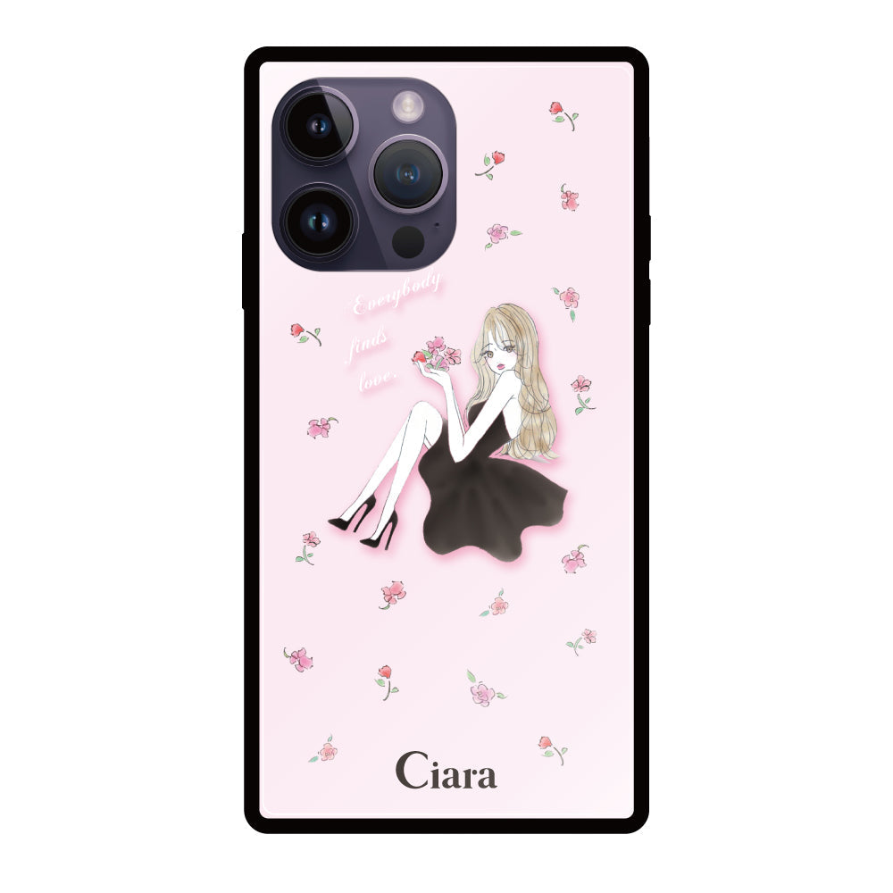 iPhone14ProMaxケース スクエア 強化ガラスケース ラベンダーブラックガール ピンク