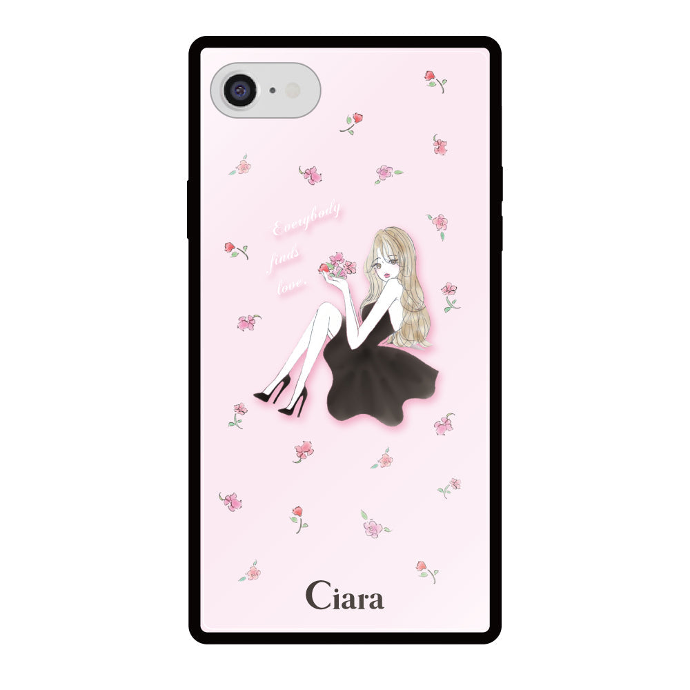 iPhone7/8/SE2/SE3ケース スクエア 強化ガラスケース ラベンダーブラックガール ピンク