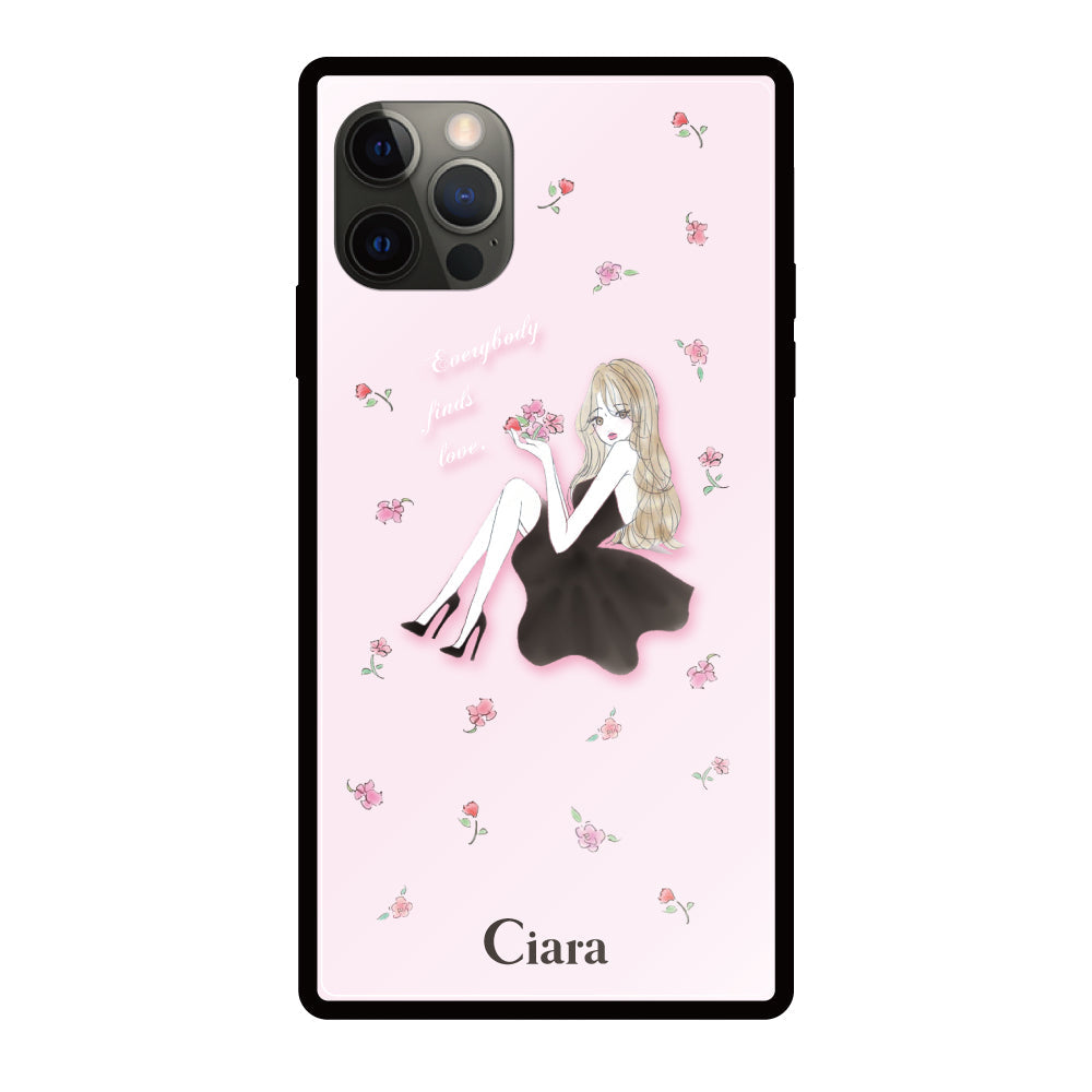 iPhoneX/XSケース スクエア 強化ガラスケース ラベンダーブラックガール ピンク