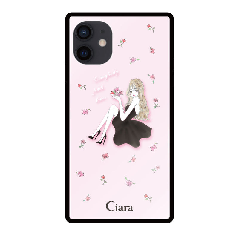 iPhoneケース スクエア 強化ガラスケース ラベンダーブラックガール