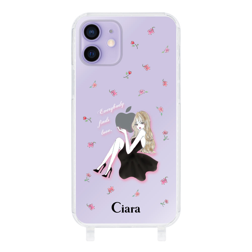 iPhoneケース ストラップクリアケース ラベンダーブラックガール