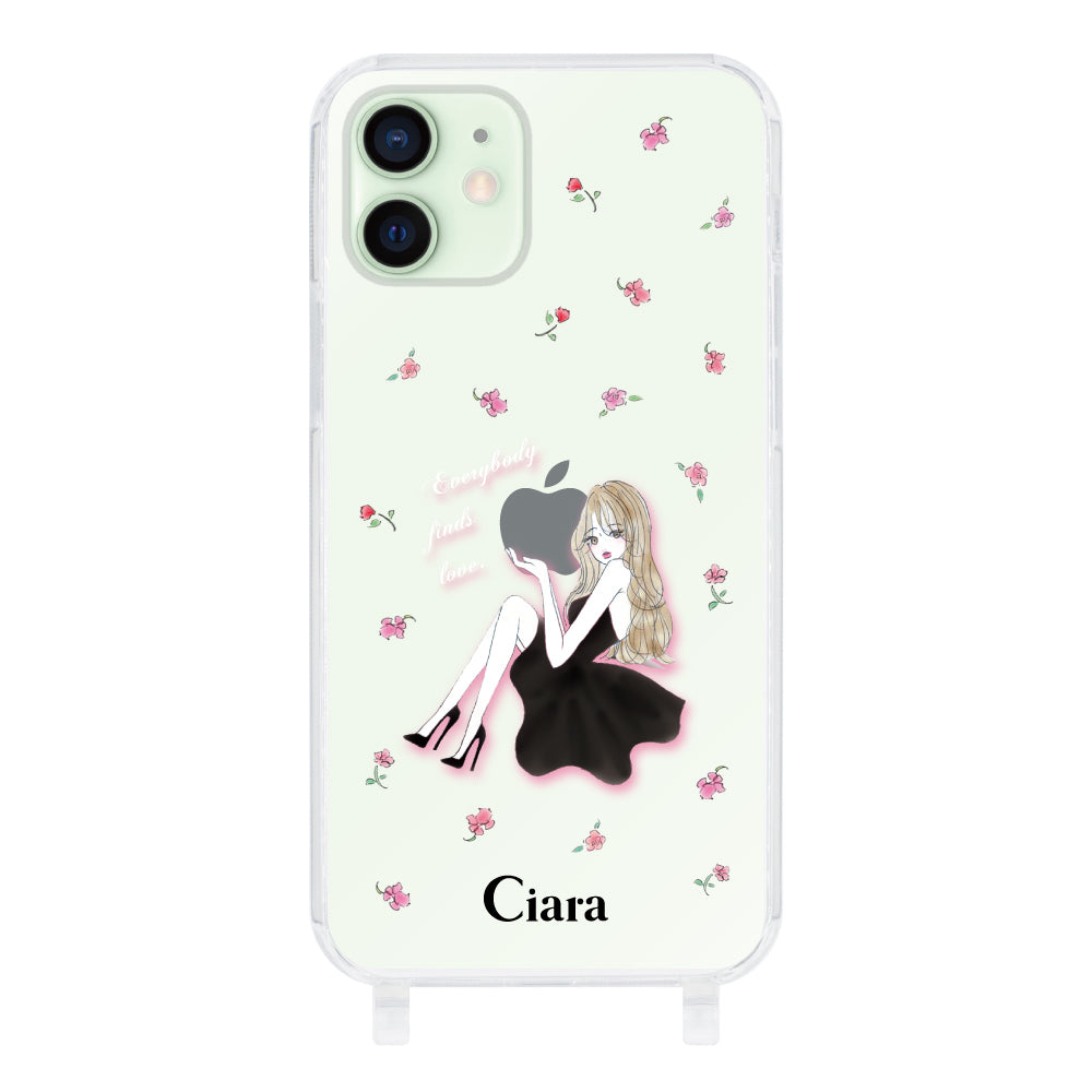 iPhone12mini ストラップクリアケース ラベンダーブラックガール クリア