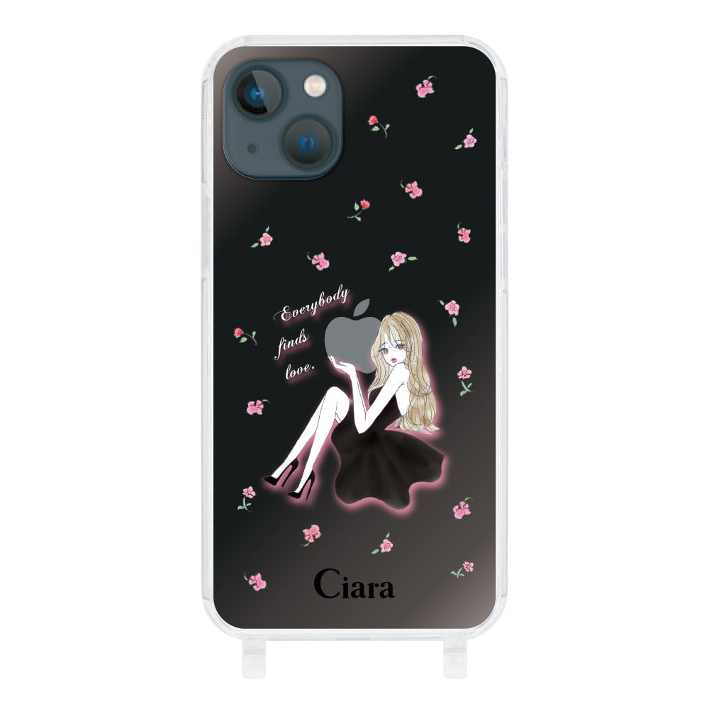 iPhone13mini ストラップクリアケース ラベンダーブラックガール クリア