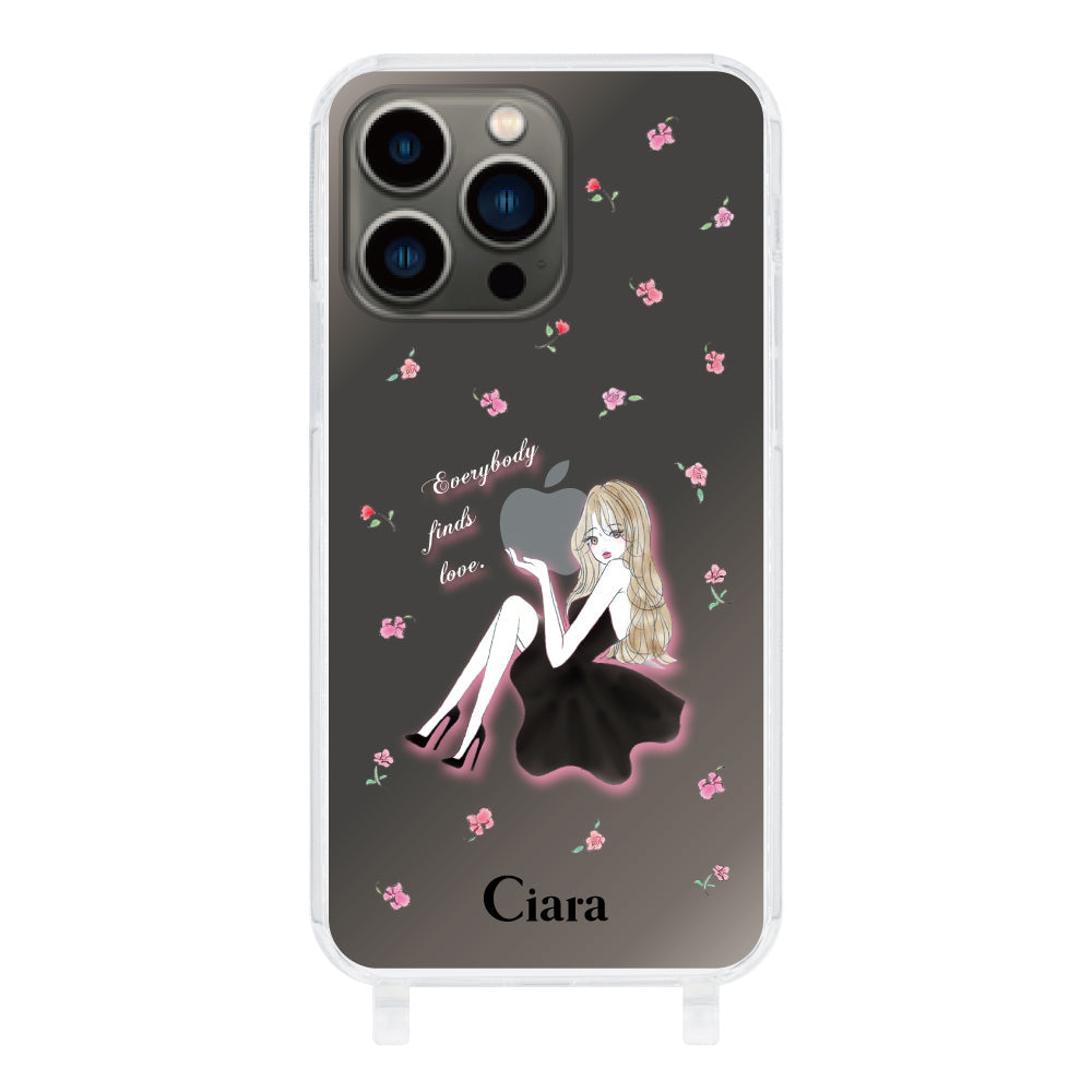 iPhone13Pro ストラップクリアケース ラベンダーブラックガール クリア