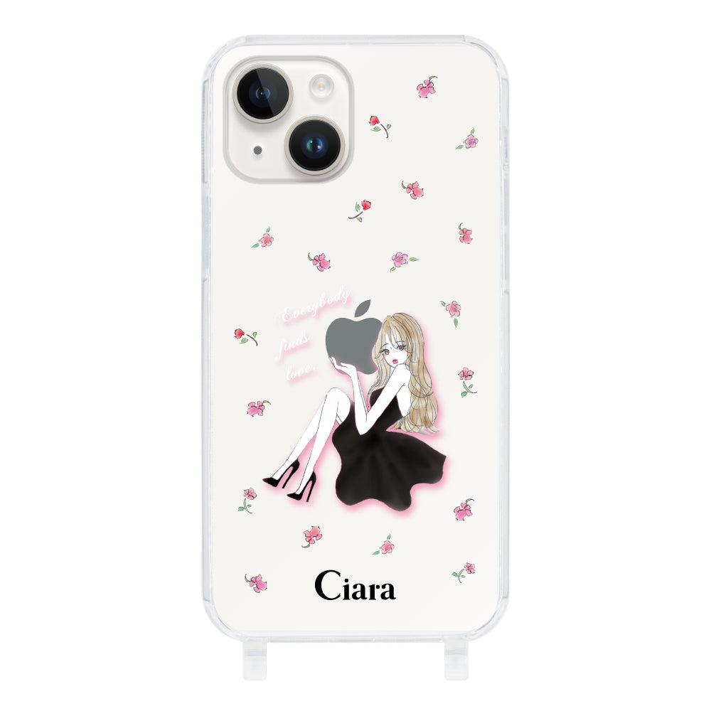 iPhone14 ストラップクリアケース ラベンダーブラックガール クリア