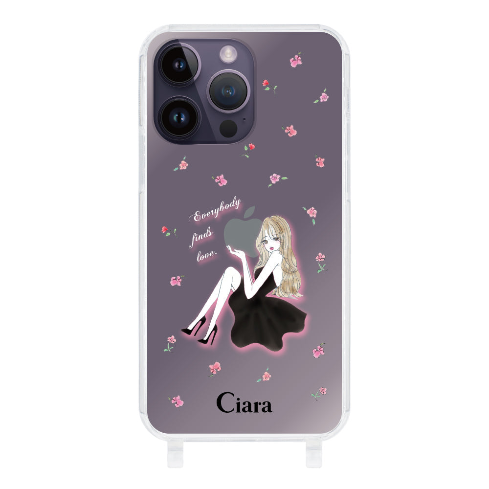 iPhone14ProMax ストラップクリアケース ラベンダーブラックガール クリア