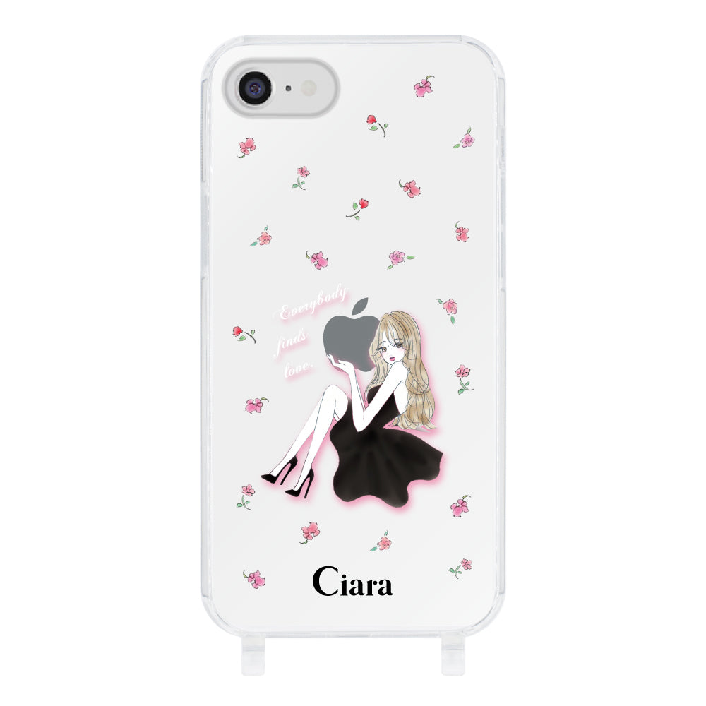 iPhoneケース ストラップクリアケース ラベンダーブラックガール