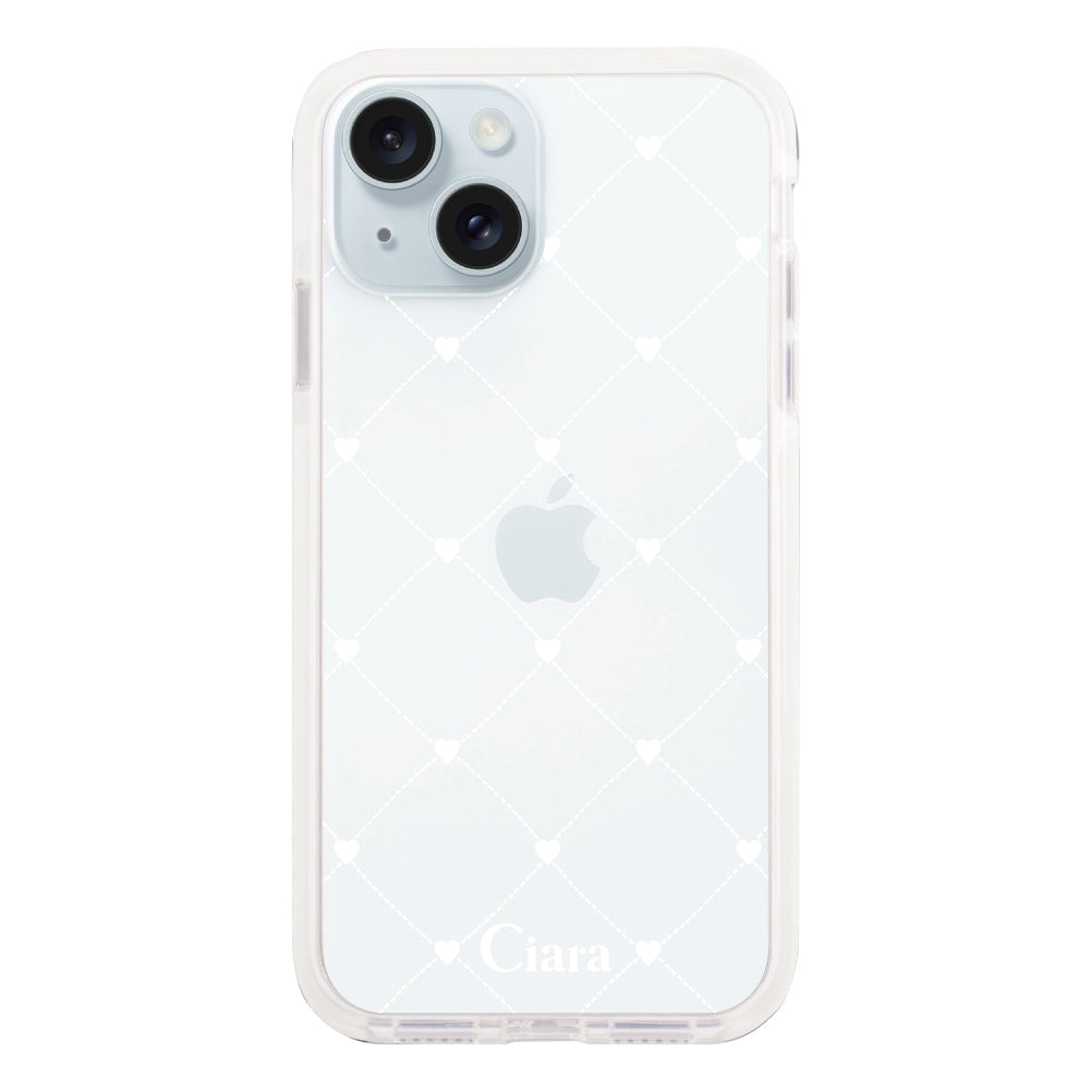 iPhone15Plusケース クッションバンパー 耐衝撃クリアケース ハートキルティング ホワイト